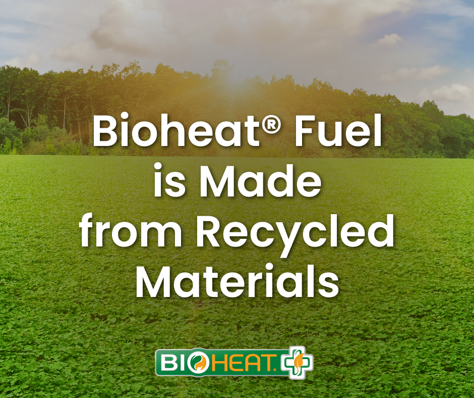 Bioheat Fuel is made from recycled materials caption over grassy field